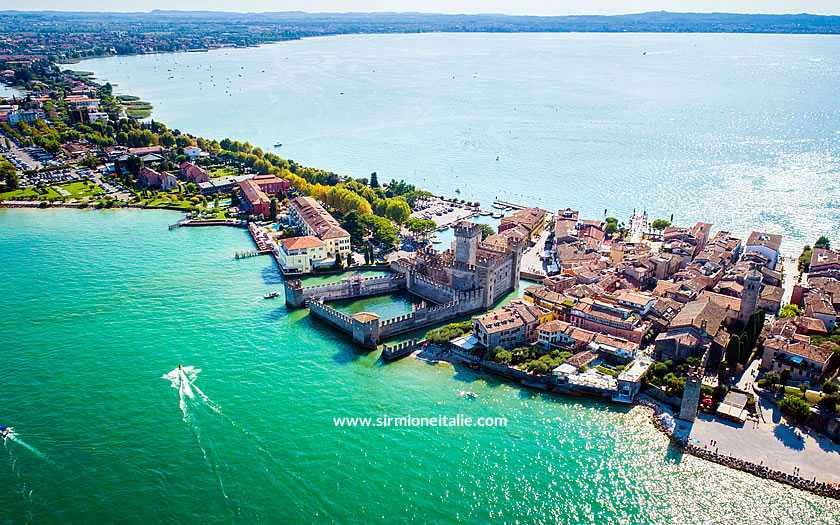 An aerial view of Sirmione and the southern end of Lake Garda